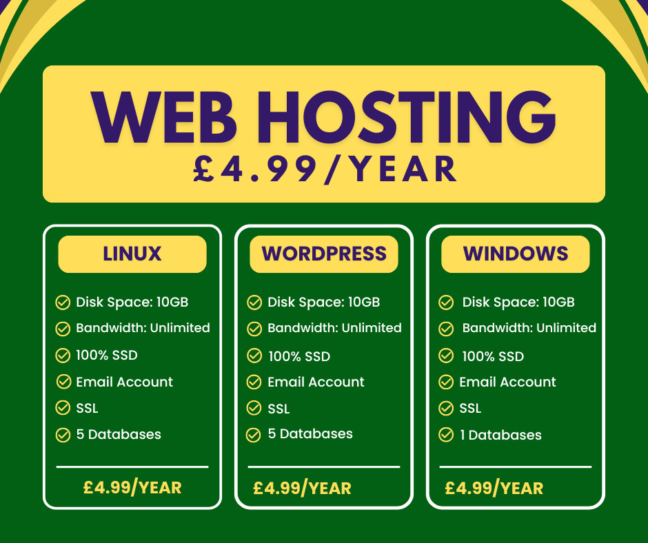 Web Hosting – Linux, £4.99/year – 10GB SSD, SSL, Emails, Secured, Lightning Fast