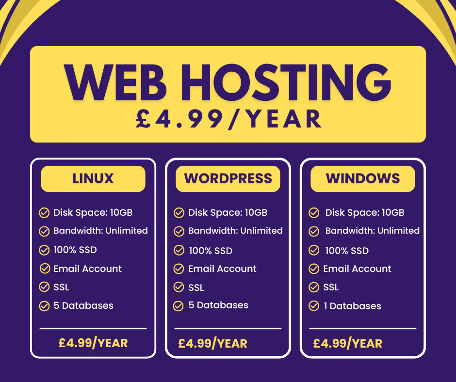 Web Hosting – Linux, £4.99/year – 10GB SSD, SSL, Emails, Secured, Lightning Fast