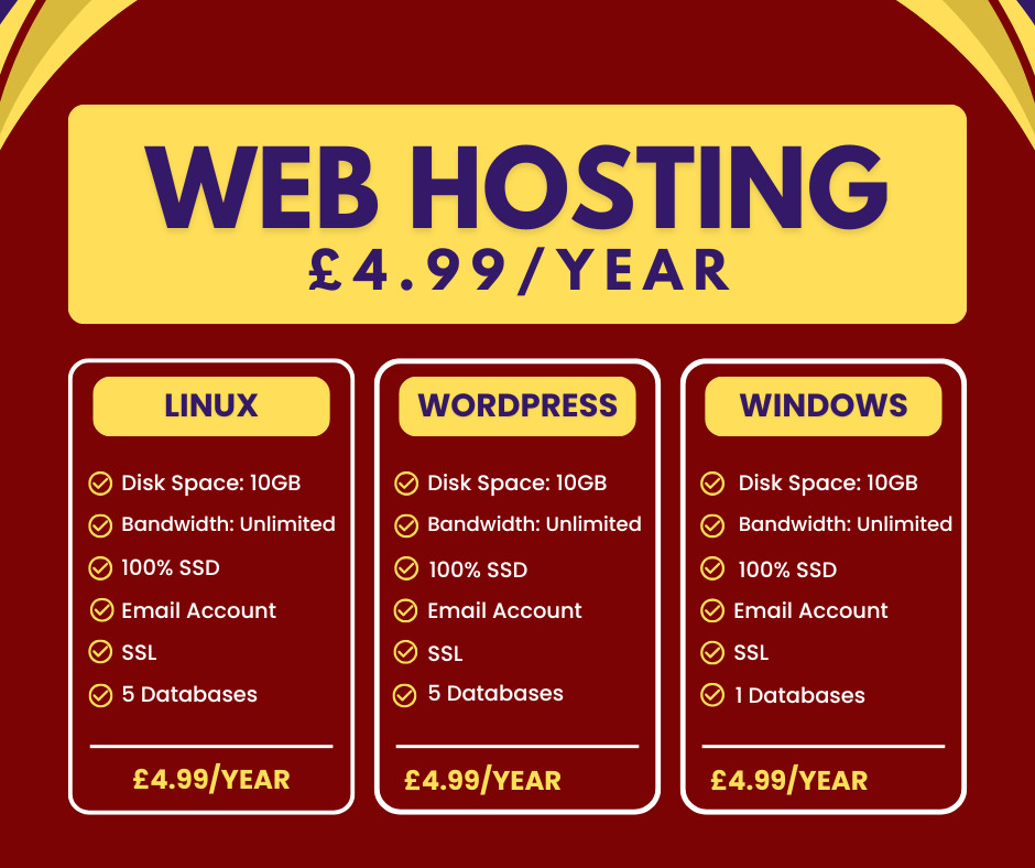 Web Hosting – Linux, £4.99/year – 10GB SSD, SSL, Emails, Secured, Lightning Fast