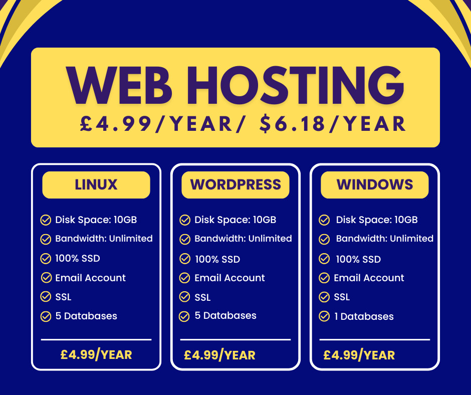 Web Hosting – Linux, £4.99/year – 10GB SSD, SSL, Emails, Secured, Lightning Fast