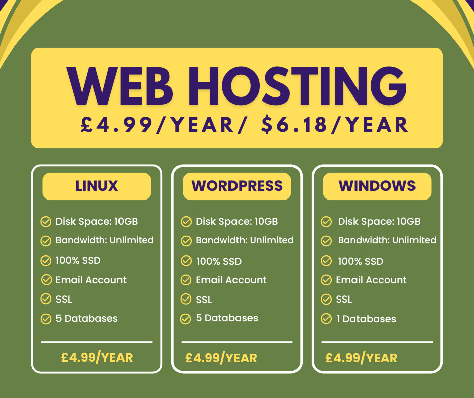 Web Hosting – Linux, £4.99/year – 10GB SSD, SSL, Emails, Secured, Lightning Fast