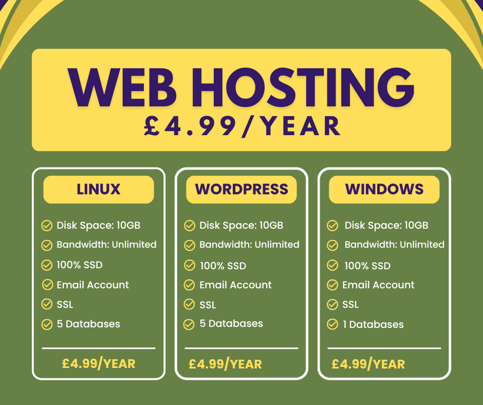 Web Hosting – Linux, £4.99/year – 10GB SSD, SSL, Emails, Secured, Lightning Fast