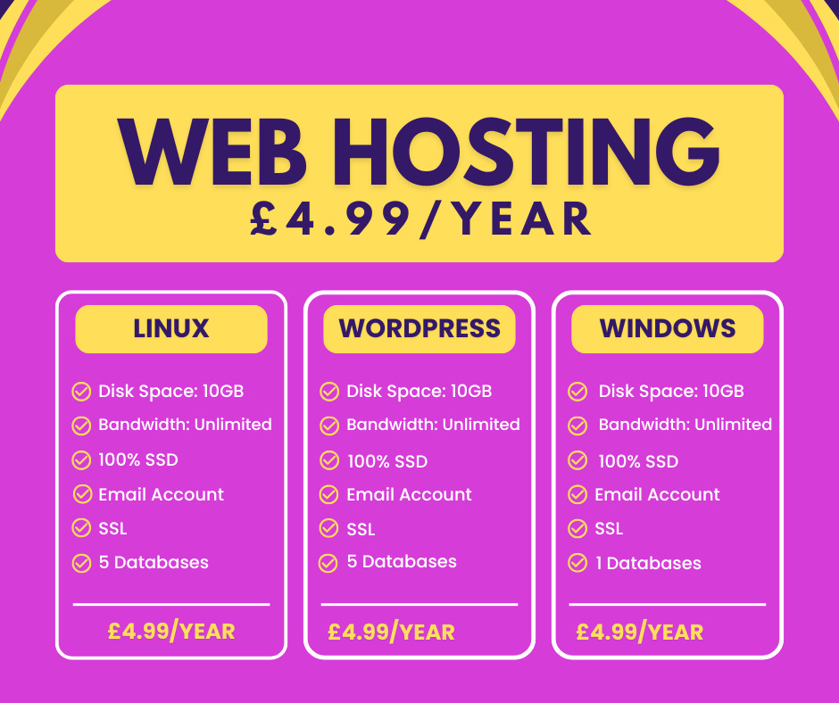 Web Hosting – Linux, £4.99/year – 10GB SSD, SSL, Emails, Secured, Lightning Fast