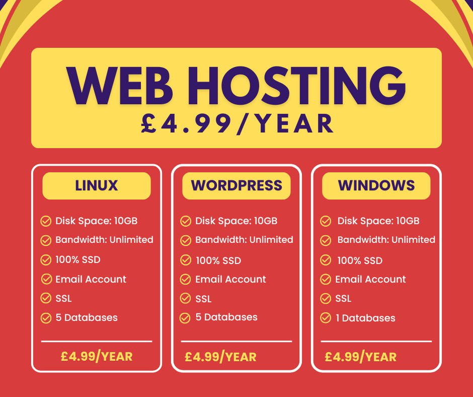 Web Hosting – Linux, £4.99/year – 10GB SSD, SSL, Emails, Secured, Lightning Fast