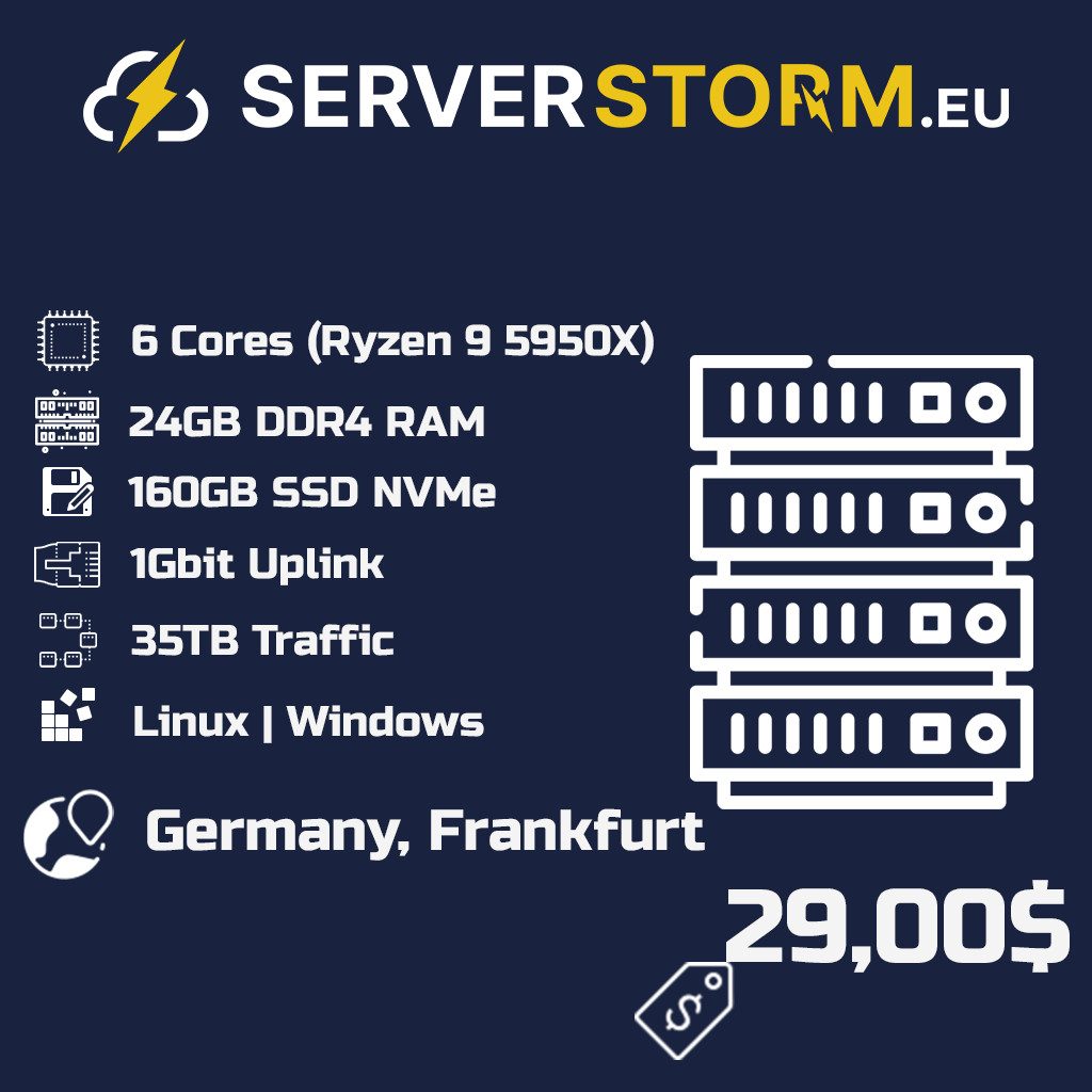 EUROPE|GERMANY VPS – WINDOWS 2019/2022 RDP SERVER 6vCPU 24GB RAM 160GB SSD NVMe