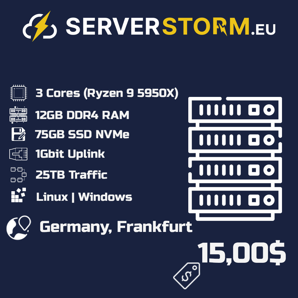 EUROPE| GERMANY VPS – WINDOWS 2019/2022 RDP SERVER 3vCPU 12GB RAM 75GB SSD NVMe