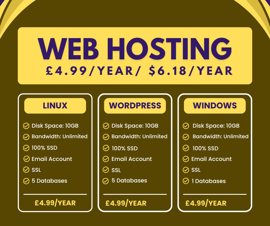 Web Hosting – Linux, £4.99/year – 10GB SSD, SSL, Emails, Secured, Lightning Fast