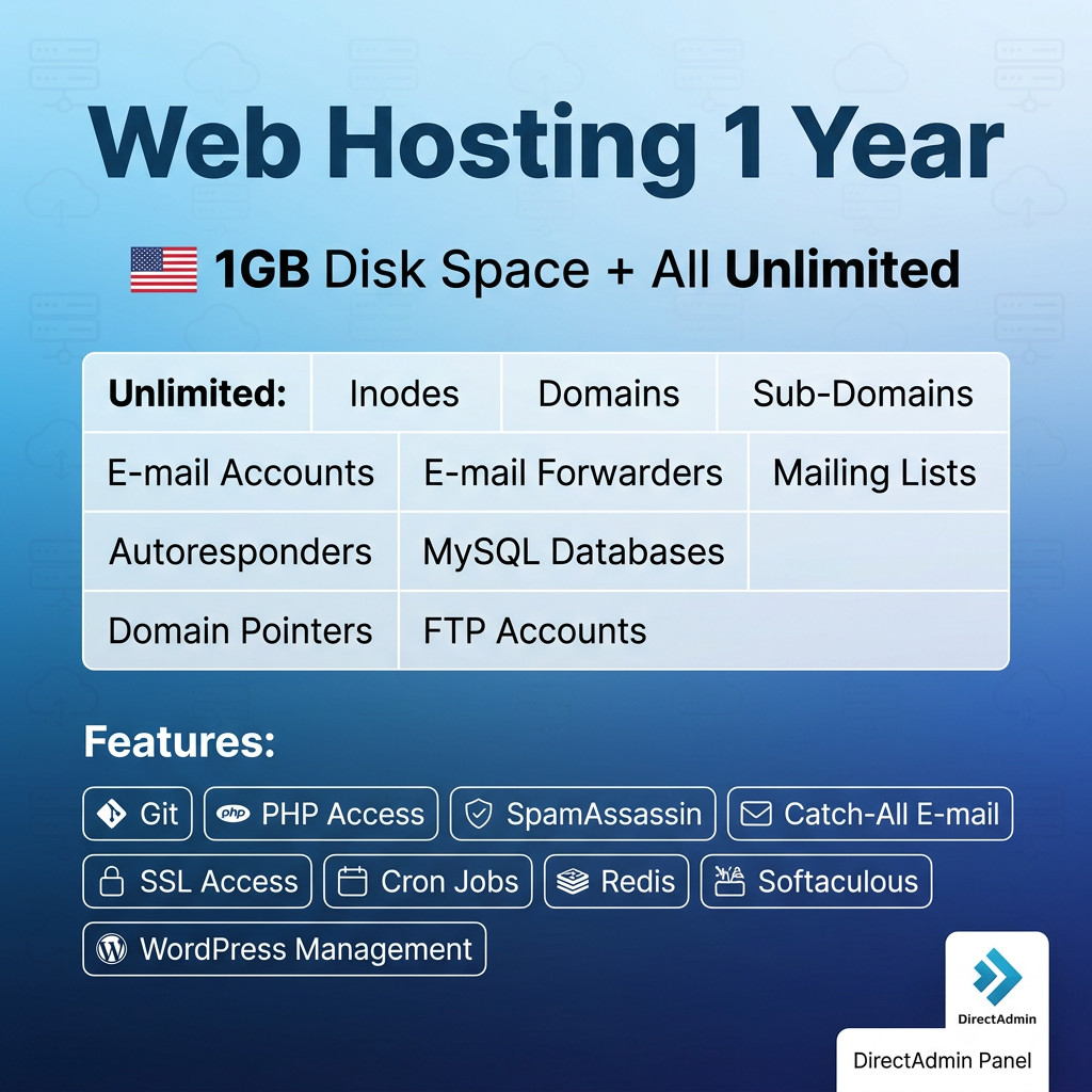 Web Hosting 1 Year – 1GB disk space – all Unlimited – DirectAdmin with WordPress