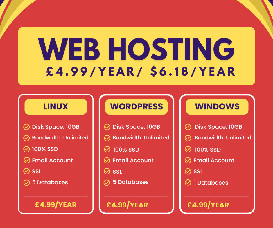 Web Hosting – Linux, £4.99/year – 10GB SSD, SSL, Emails, Secured, Lightning Fast