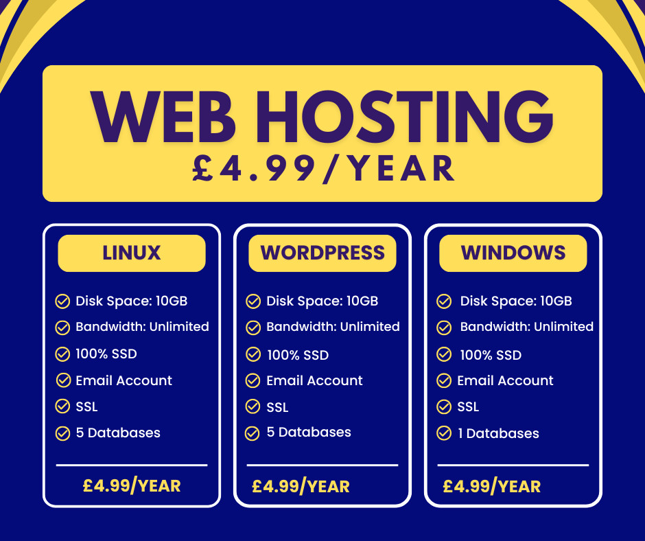 Web Hosting – Linux, £4.99/year – 10GB SSD, SSL, Emails, Secured, Lightning Fast