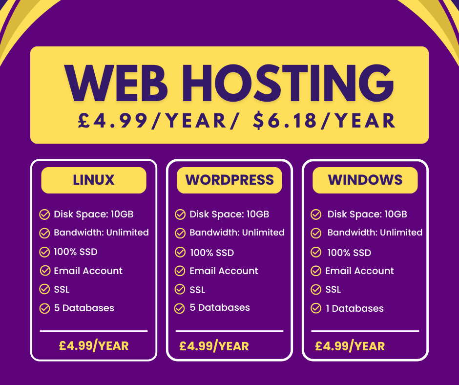 Web Hosting – Linux, £4.99/year – 10GB SSD, SSL, Emails, Secured, Lightning Fast