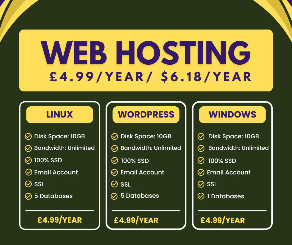 Web Hosting – Linux, £4.99/year – 10GB SSD, SSL, Emails, Secured, Lightning Fast