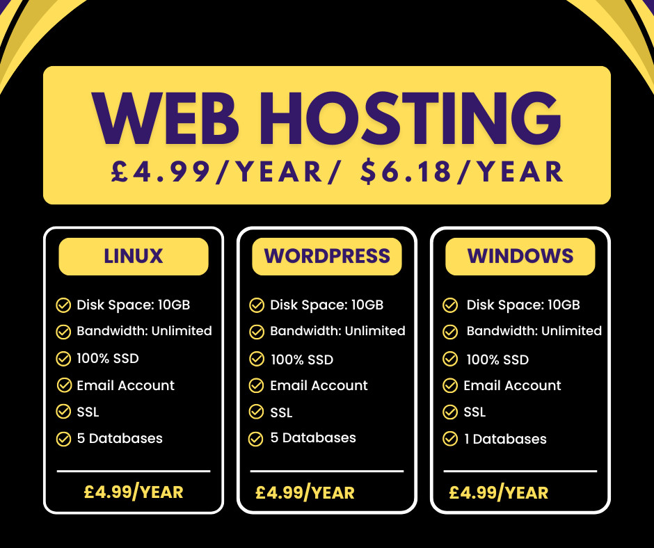 Web Hosting – Linux, £4.99/year – 10GB SSD, SSL, Emails, Secured, Lightning Fast