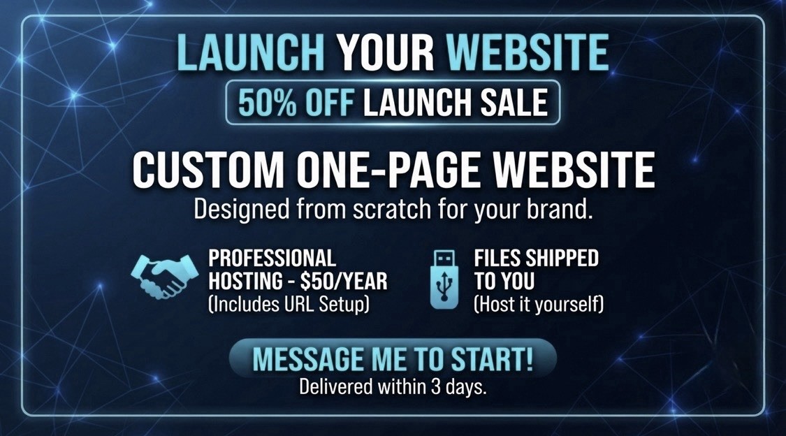 Custom One-Page Website Design Service w/ Professional Hosting $50/Year