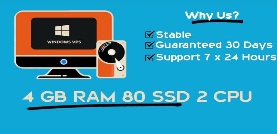 Stable Windows RDP VPS 4GB RAM 2vCPUs Guaranteed 30 days